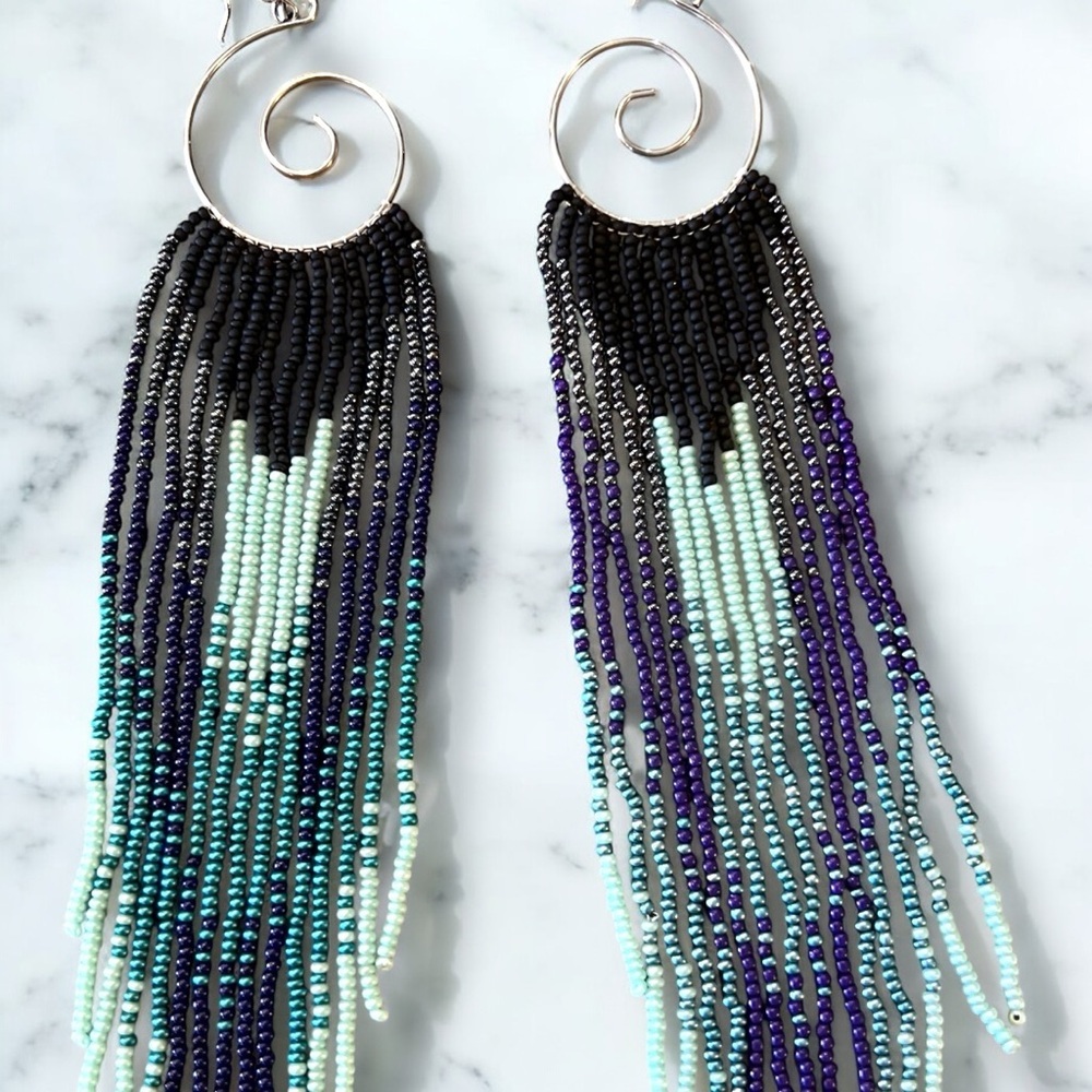 Who’s got the blues? Hand Beaded Chandelier Beaded Earrings Blues Purples - Picture 16 of 17